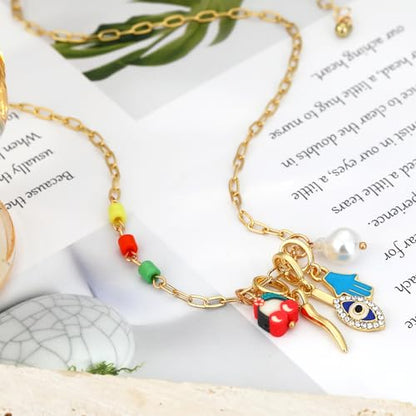 Charm Necklace for Women Gold Evil Eye Sun Moon Flower Coin Pendant Necklace Dainty Paperclip Chain Vintage Luck Amulet Choker Necklaces Celestial Jewelry Gift - style: 5 Charms-Blue Eye