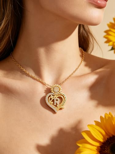 14K Gold Sunflower Initial Necklaces for Women | Heart Letter Pendant You Are My Sunshine Jewelry Gifts - style: R