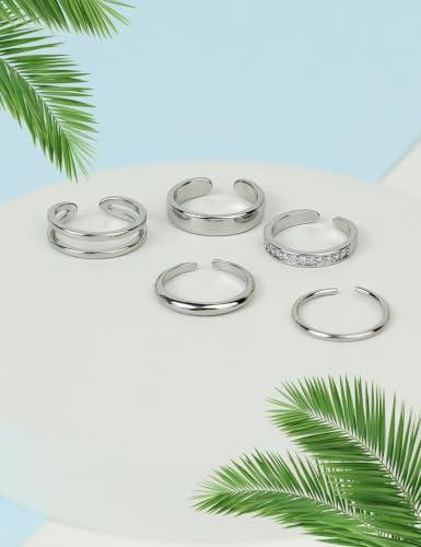 5Pcs 14K Gold Filled Toe Rings for Women Non Tarnish Adjustable Gold CZ Wide Band Toe Rings Summer Beach Waterproof Open Gold Toe Ring Jewelry for Summer - color: silver