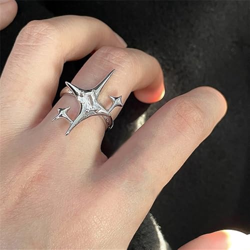 Y2k CZ Star Adjustable Open Stacking Rings for Women Men Vintage Punk Grunge Sparkling Crystal Cross Irregular Statement Stackable Finger Band Knuckle Rings Comfort Fit Fashion Jewelry 3Pcs Set