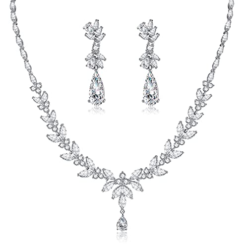Jewelry Set for Women, Cubic Zirconia Necklace Dangle Earrings & Bracelet Jewelry Set for Bride Bridesmaid Wedding Engagement Prom Party - style: Silver-Necklace+Earrings