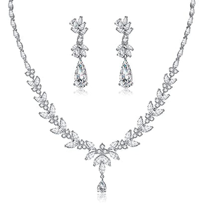 Jewelry Set for Women, Cubic Zirconia Necklace Dangle Earrings & Bracelet Jewelry Set for Bride Bridesmaid Wedding Engagement Prom Party - style: Silver-Necklace+Earrings