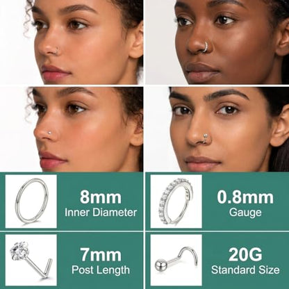 20G Nose Rings Hoops And Studs For Women Men, 12PCS Hypoallergenic Stainless Steel Nose Hoops Dainty Non Tarnish Nose Hoop Set, L Shaped CZ Nose Stud Piercing Jewelry Gold/Sliver - color: 20G-Sliver
