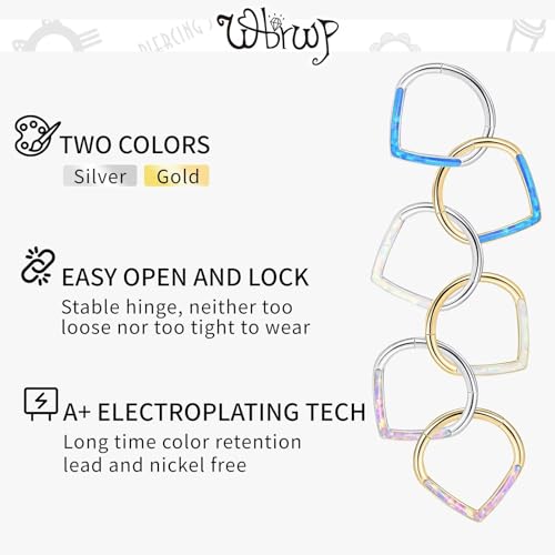 WBRWP 316L Stainless Steel Nose Hoop Rings Clicker with Zircon/Opal 14g-20g | Hypoallergenic Nose Rings Segment Clicker Lip Rings Cartilage Rook Conch Earrings Diameter 5mm-10mm - color: Teardrop with Blue Opal - Gold