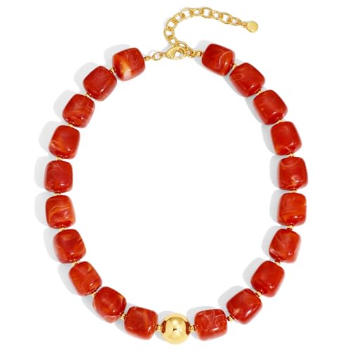 Chunky Colorful Beaded Choker Necklace for Women, Summer Beach Statement Resin Beads Necklace, Trendy Womens Summer Beach Jewelry Birthday Gifts for Vacation Holiday - color: Square Red Bead