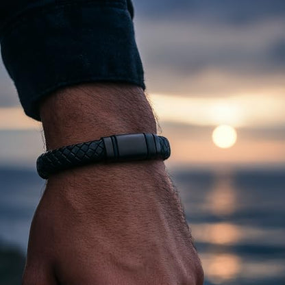 Forge & Foundry Men's Adjustable Black Leather Bracelet | Genuine Woven Leather with Snap Clasp | Design-Led, Artisan Jewelry from London [Navarro] - color: Black - Single Strand, size: X-Large