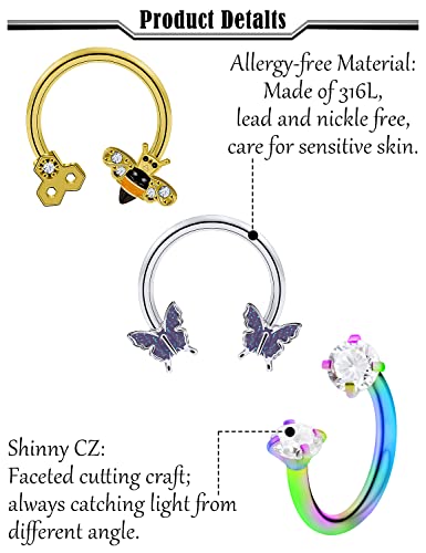 20G 18G 16G 14g Septum Rings Surgical Steel Horseshoe Nose Septum Rings Cartilage Helix Tragus Rook Daith Earring Hoop Lip Piercing Jewelry Retainer for Women Men - style: A-1:16G(1.2mm)-Inner Dia: 10mm