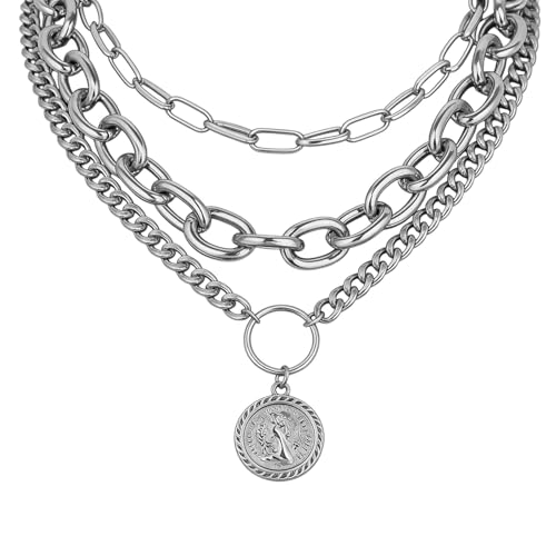 Gold Chunky Layered Coin Necklaces for Women Trendy Cuban Link Paperclip Chains Necklace Stack Coin Pendant Necklace Set Jewelry Gifts - color: Silver