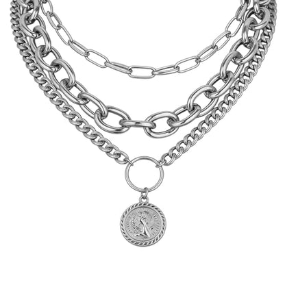 Gold Chunky Layered Coin Necklaces for Women Trendy Cuban Link Paperclip Chains Necklace Stack Coin Pendant Necklace Set Jewelry Gifts - color: Silver