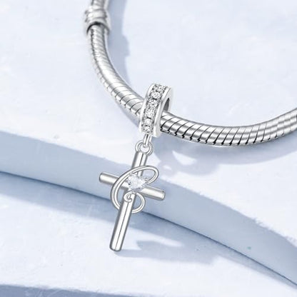 PROESS Initial Cross Charm 925 Sterling Silver Letter A B C Pendant Dangle Charm Beads for Bracelet Initial Cross Jewelry Gifts for Women - style: 3-C
