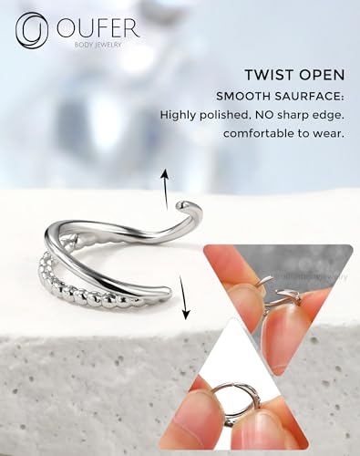 OUFER Nose Rings Silver, 20G Double Hoop 8MM Nose Rings, Seamless Stainless Steel Rook Daith Piercing Jewelry for Women & Men - style: Style9-Bead