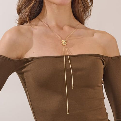 MUYAN Gold Statement Lariat Necklace Long Chain Drop for Women | Brass Gold Finish, Adjustable Sliding Pendant, Suitable for Daily Leisure Vacation Matching - color: Gold