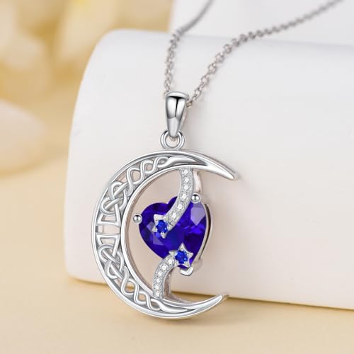 TOUPOP Moon and Star Birthstone Necklace for Women 925 Sterling Silver Celtic Moon Jewelry Birthday Mothers Day Gifts for Mom Wife Her - color: 09-September-Sapphire