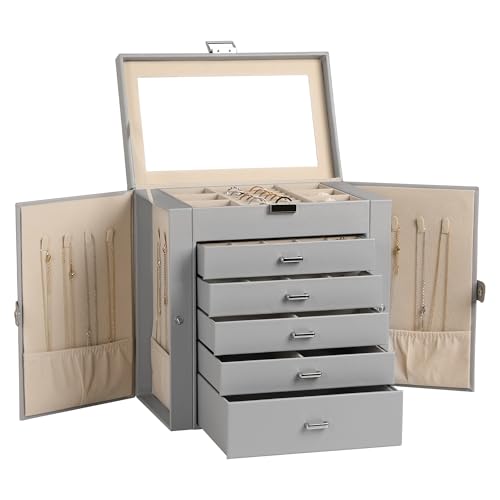 Frebeauty 6-Layer Jewelry Box for Women,Large Jewelry Organizer with Drawer | Faux Leather,Built-in Mirror,Spacious Jewelry Storage,16 Necklace Hooks,Organizing by Category for Rings Earrings Bracelet - color: Grey, size: Large