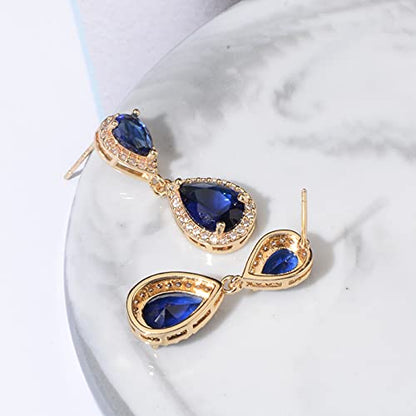 Pave Teardrop Earrings for Wedding Sterling Silver Double Pear Shaped CZ Cubic Zirconia Crystal Rhinestone Birthstone Dangle Earrings Bridal Jewelry for Bride Bridesmaids - color: Royal Blue Sapphire-Gold