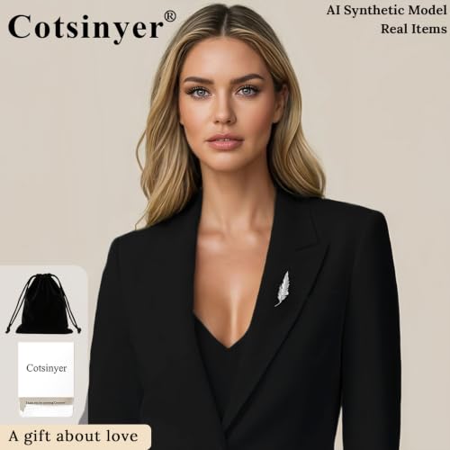 Small Rose Flower Feather Brooch Pin, Lapel Pin Men Women Suit | Classic Simple Metal Jewelry, Collar Shirt Clothes Blazer Coat Jacket Vest Hat Dress, Wedding Boutonniere, Velvet Pouch & Box - color: Silver