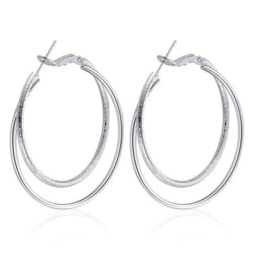 Double Hoop Earrings for Women,925 Sterling Silver Earrings Hoop Post 14K Gold Hoops Non Tarnish Sturdy backless earrings for women,Large Thin Lightweight Hypoallergenic 40mm,Trendy Jewelry Gift - color: Silver