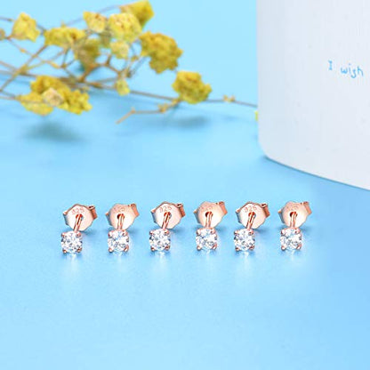 EPIRORA Sterling Silver Stud Earrings for Women Men- 3 Pairs 3mm Tiny Ball Stud Earrings Round CZ Earrings Pearl Earrings Set Cartilage Small Tragus Earrings - style: 3 Pairs-Cubic Zirconia Earrings(Rose Gold)