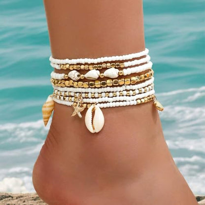 Qceasiy Starfish Ankle Bracelets for Women, Boho Beaded Beach Anklets Set | Gold-plated layered anklets in seashell, disc, and conch styles, with stretch or adjustable fits for summer beach outfits. - color: Gold 2