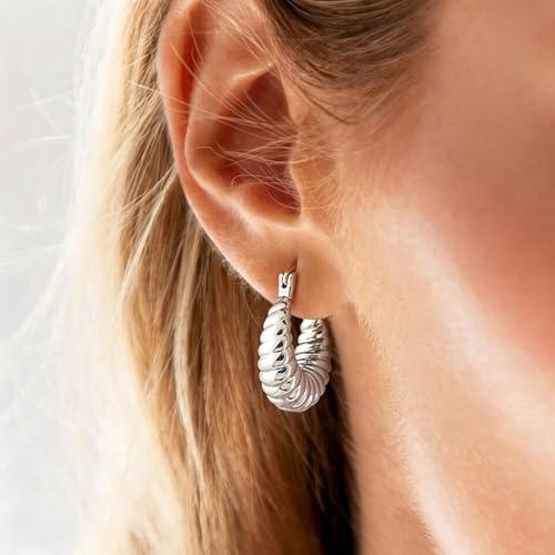 Gold Hoop Earrings for Women, 18K Gold Plated Chunky Huggie Hoop Earrings for Women Jewelry Gifts - color: Croissant Silver