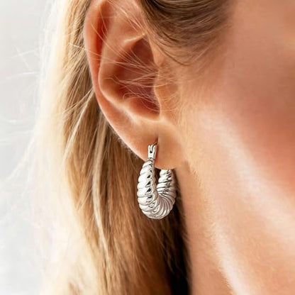 Gold Hoop Earrings for Women, 18K Gold Plated Chunky Huggie Hoop Earrings for Women Jewelry Gifts - color: Croissant Silver