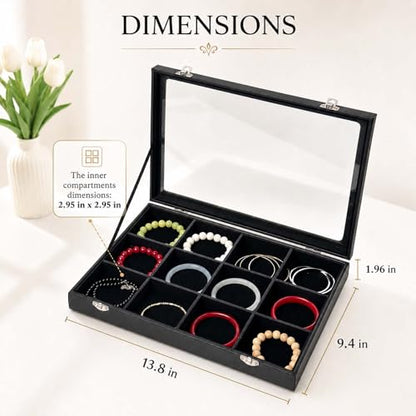 Black 12 Grid Jewelry Organizer Display Box with Transparent lid Bracelets Display Case Bracelet Box with Clasp Bangle Organizer Drawer Insert Bangle Brooch,Gift for Women Girls(12 Grid) - color: 12 Grid