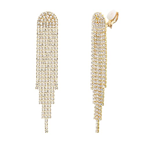 Clip-on Earrings Rhinestone Dangling for Women Fashion Long Chandelier Sparkle Crystal Tassel Dangle Drop Earring - color: Clear-Gold-Tone