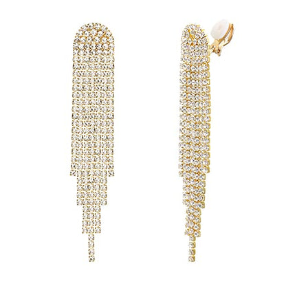 Clip-on Earrings Rhinestone Dangling for Women Fashion Long Chandelier Sparkle Crystal Tassel Dangle Drop Earring - color: Clear-Gold-Tone