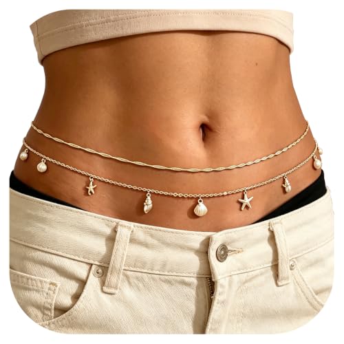 Gold Starfish Waist Beads for Women - Adjustable Layered Waist Chain Bohemian Shell Beaded Bikini Belly Body Chain for Summer Beach Vacation & Boho Accessories - style: Style 3