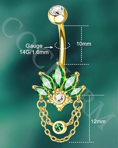 COCHARM 14G Lotus Belly Button Rings Dangle Belly Navel Rings for Women Surgical Steel Navel Piercing jewelry - color: YGGR-10MM