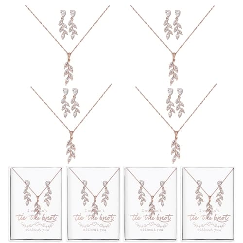 DHQH Bridesmaid Necklace Earrings Set Gifts I Couldn't Say I DO Without You Cubic Zirconia Leaf Pendant Necklace Bridesmaid Proposal Gift Set of 4 6 - color: rose-leaf-4set