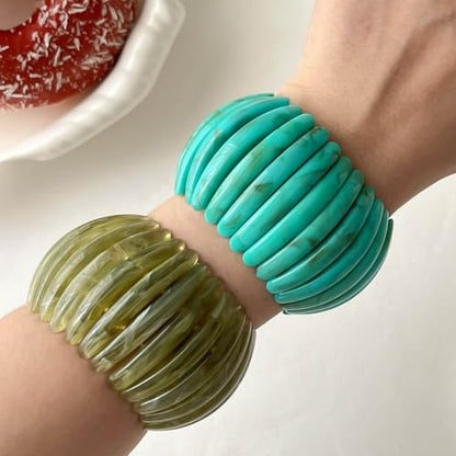 Boho Retro Acrylic Resin Stretch Bangle Bracelets Colorful Wide Chunky Irregular Geometric Tube Bead Wristband Statement Bracelet for Women Fashion Party Wedding Jewelry Gifts - color: Turquoise green