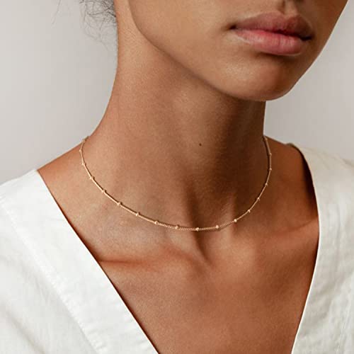 MEVECCO Dainty Choker Necklaces for Women, Beaded and Multi-Row Chains | 14K Gold Plated Brass, Select Silver Plated Brass Options, Polished And Textured Profiles For Everyday Styling - style: Gold Satellite Bead