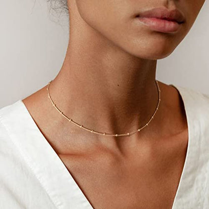 MEVECCO Dainty Choker Necklaces for Women, Beaded and Multi-Row Chains | 14K Gold Plated Brass, Select Silver Plated Brass Options, Polished And Textured Profiles For Everyday Styling - style: Gold Satellite Bead
