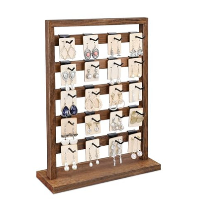 Ikee Design 5 Tiers Free Assemble Wooden Jewelry Display Rack with 20 Removable Metal Hooks,Earring Card Display Stand,Jewelry Organizer,Bracelet Organizer,Keychain Display Stand,Brown Color | Wooden 5 Tiers Jewelry Display Rack with Hooks: Comes with 20