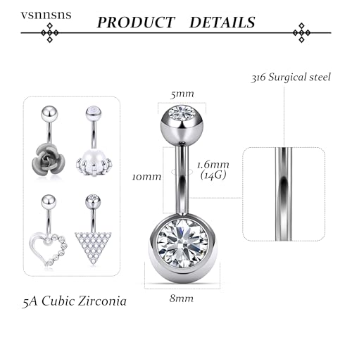 Vsnnsns 14G Dangle Belly Button Ring Piercing Jewelry 316L Stainless Surgical Steel Navel Rings Cubic Zirconia Heart Flower CZ Dangling Belly Button Ring Piercing Jewelry for Women 14 Gauge - color: Silver Tone