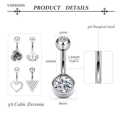 Vsnnsns 14G Dangle Belly Button Ring Piercing Jewelry 316L Stainless Surgical Steel Navel Rings Cubic Zirconia Heart Flower CZ Dangling Belly Button Ring Piercing Jewelry for Women 14 Gauge - color: Silver Tone