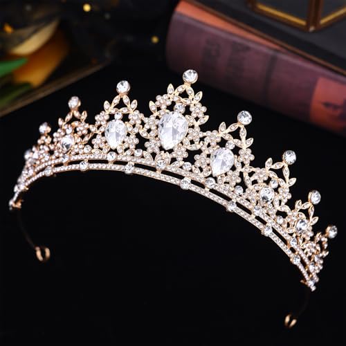 Crystal Crown and Tiara Jewelry Set for Women Bride with Necklace Earrings | Metal Rhinestone Royal Queen Princess Jewelry Set Wedding Quinceanera Pageant Prom Birthday Halloween Party Costume Gift - color: Gold