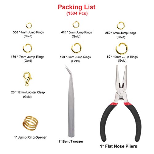 EuTengHao 1504Pcs Gold Open Jump Ring and Lobster Clasps Kit - Jewelry Making Repair Supplies with Pliers and Tweezers - color: Gold