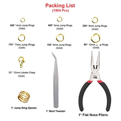 EuTengHao 1504Pcs Gold Open Jump Ring and Lobster Clasps Kit - Jewelry Making Repair Supplies with Pliers and Tweezers - color: Gold