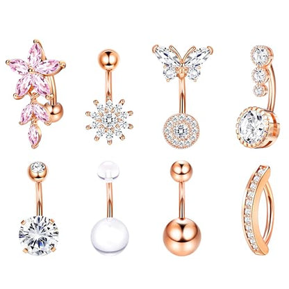 Dochais Pink Heart Belly Button Ring Piercing 8Pcs 14G Surgical Stainless Steel Navel Piercing Hypoallergenic Cute Created-opal Butterfly Belly Button Rings for Women - color: Rose Gold-1