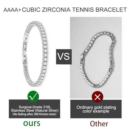 Stainless Steel Adjustable CZ Tennis Bracelet for Women Men | 14K Gold Plated, Round 3mm/4mm/5mm AAAA+ Cubic Zirconia, Dainty Classic, Festival Wedding Jewelry Gift - color: Steel, size: CZ 4mm