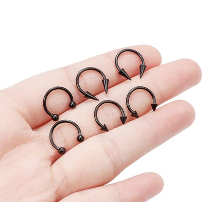 6Pcs Septum Rings 16G Surgical Steel Snake Bite Jewelry Long Spike Horseshoe Lip Rings Smiley Piercing Jewelry for Women Men 8mm 10mm - color: 16g,Diameter:10mm,black