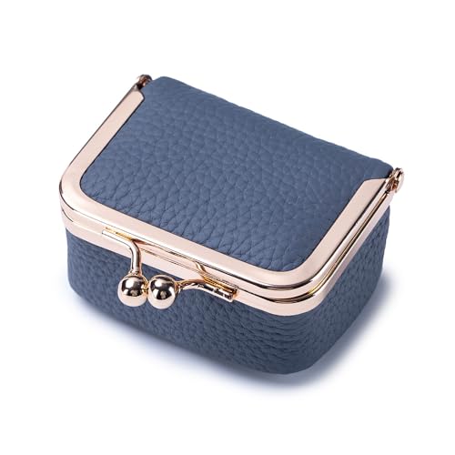 Genuine Leather Mini Jewelry Box & Coin Purse for Women, Travel Jewelry Case with Kiss Lock, Holds Earrings, Rings, Necklace, Bracelet, Coins (Blue-L 2.95in) - color: Blue-L 2.95in