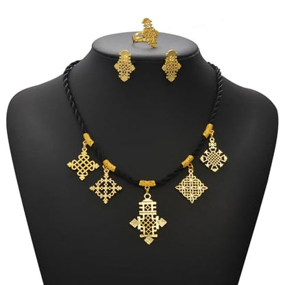 Ethiopian Traditional Jewelry | Eritrean Jewelry for Women Set | Ethiopian African Jewelry Wedding Sets Includes Cross Pendant Black Rope Earrings Ring Sets African Eritrean Religion - color: Gold Color
