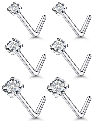 18G 20G 22G Stainless Surgical Steel Titanium Nose Rings Studs for Women L Shaped Nose Rings Screw Nose Studs Nostrial Piercing Jewelry for Women Men Silver Gold Black - style: 18G/Clear CZ/L-shaped/Titanium