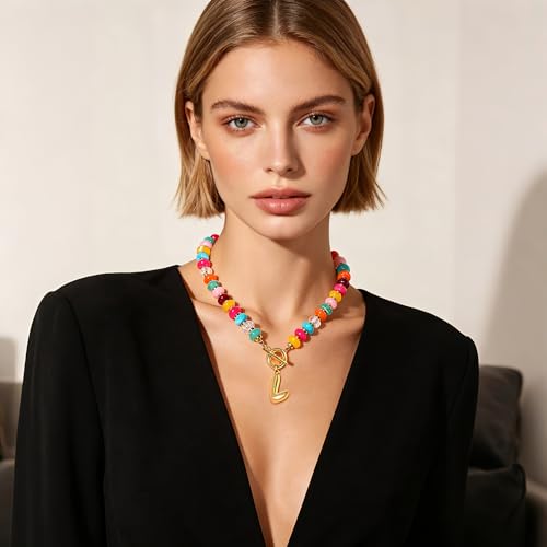 NIKOLUX Colorful Initial Necklaces for Women Chunky Resin Beaded Toggle Necklace 14K Gold Plated A-Z Bubble Letter Pendant Necklace Trendy Summer Beach Handmade Jewelry Gift - color: Colorful-L