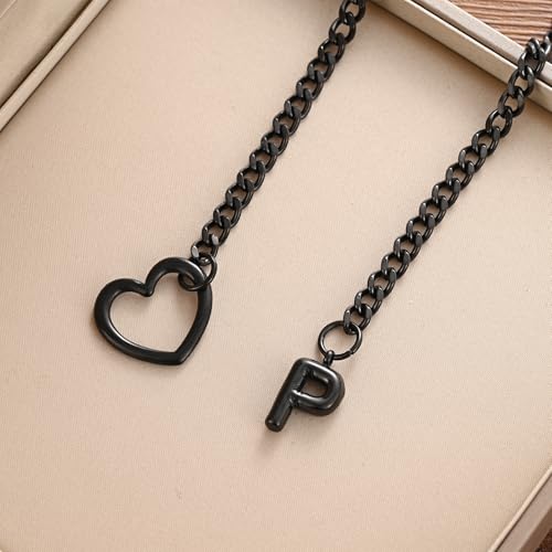 sroyte Black Heart Slip Chain Initial Necklaces for Women,Stainless Steel O-Ring Adjustable Lariat Heart Y-Necklace,Punk Gothic Cuban Collar Choker Necklace for women - color: Black P