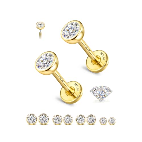 8 Pcs Moissanite Nose Studs Flat Back Earrings 16G/18G/20G | 14K Gold Plated Hypoallergenic Nose Studs, Moissanite Nose Rings for Women Men, Lip, Helix, Conch Piercing Jewelry, Flat Back - color: Gold| 18G(1.0MM)-Bar-6/8MM&Moissanite-2/3/4MM