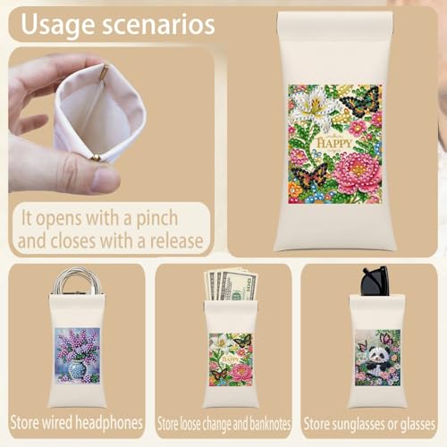 Diamond Art Painting Eye Glass Bag PU Sunglasses Glasses Storage Bag Built-in Glasses Cloth Press Automatic Closure - color: Butterfly Flowers